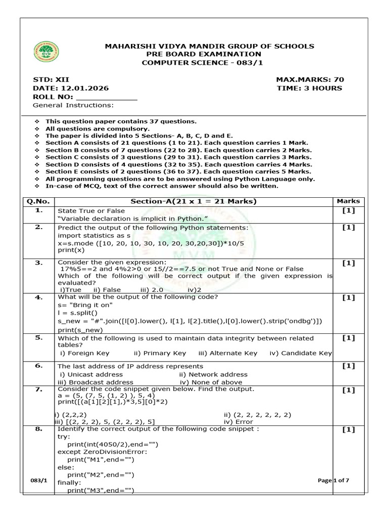 SET1 XII CS Preboard | PDF | String (Computer Science) | Computer Data
