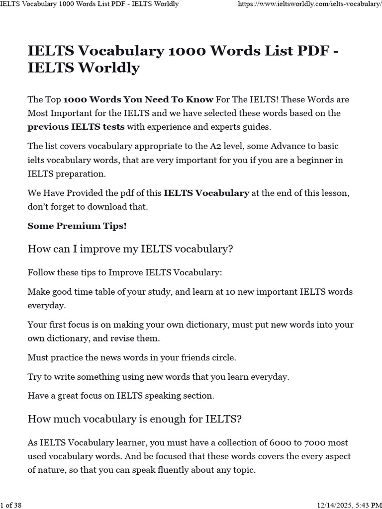 IELTS Vocabulary 1000 Words List PDF - IELTS Worldly | PDF | Vocabulary