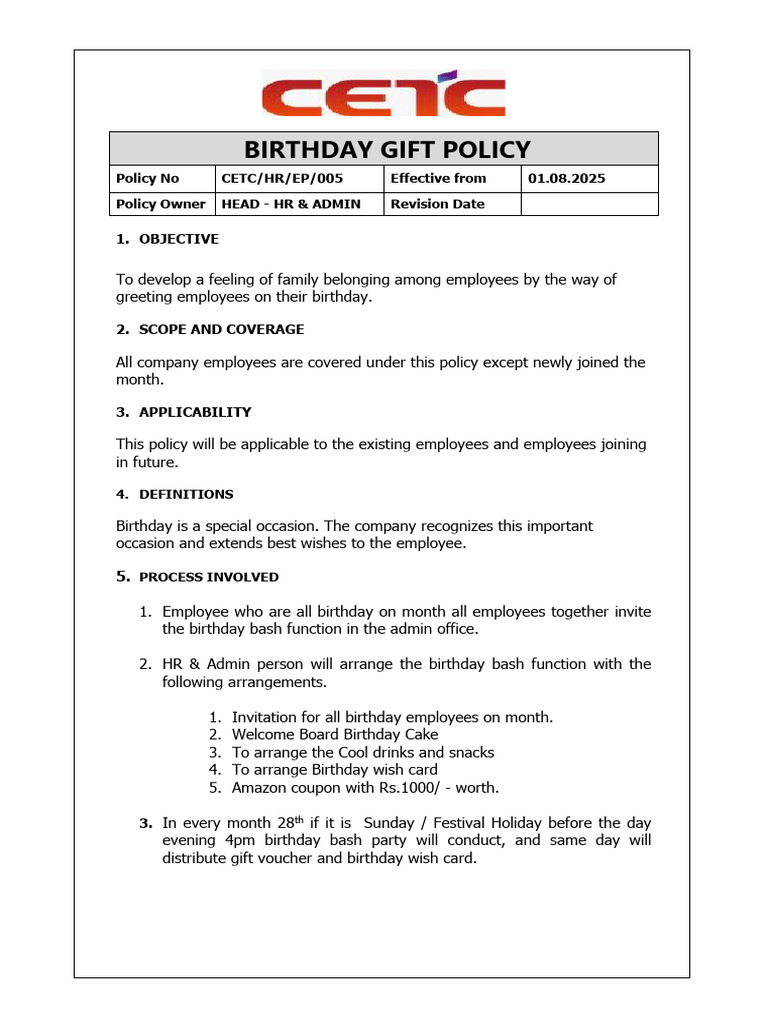 05 Employee Birthday Gift Policy | PDF