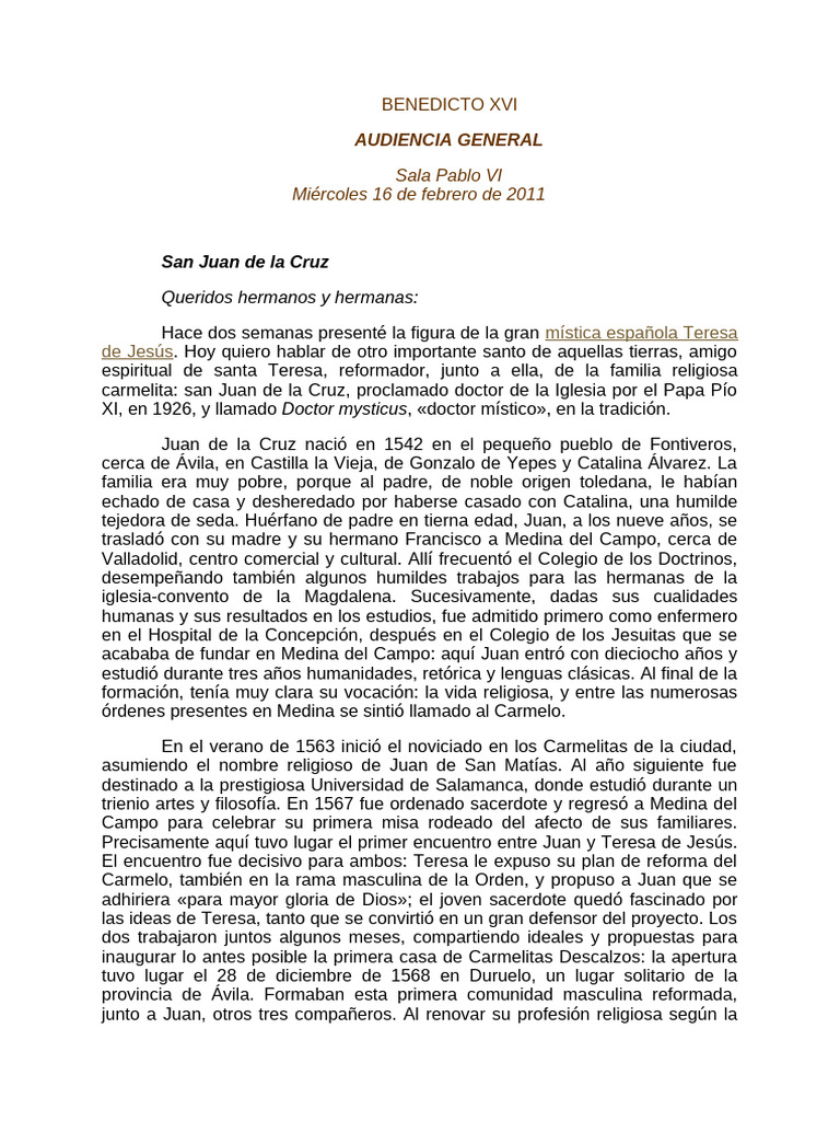 Catequesis de Benedicto XVI Sobre San Juan de La Cruz | PDF | Teresa De ...