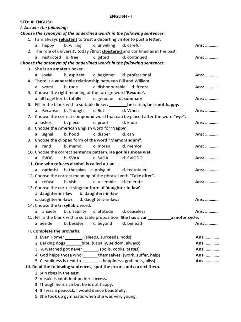 STD XI English Worksheets | PDF