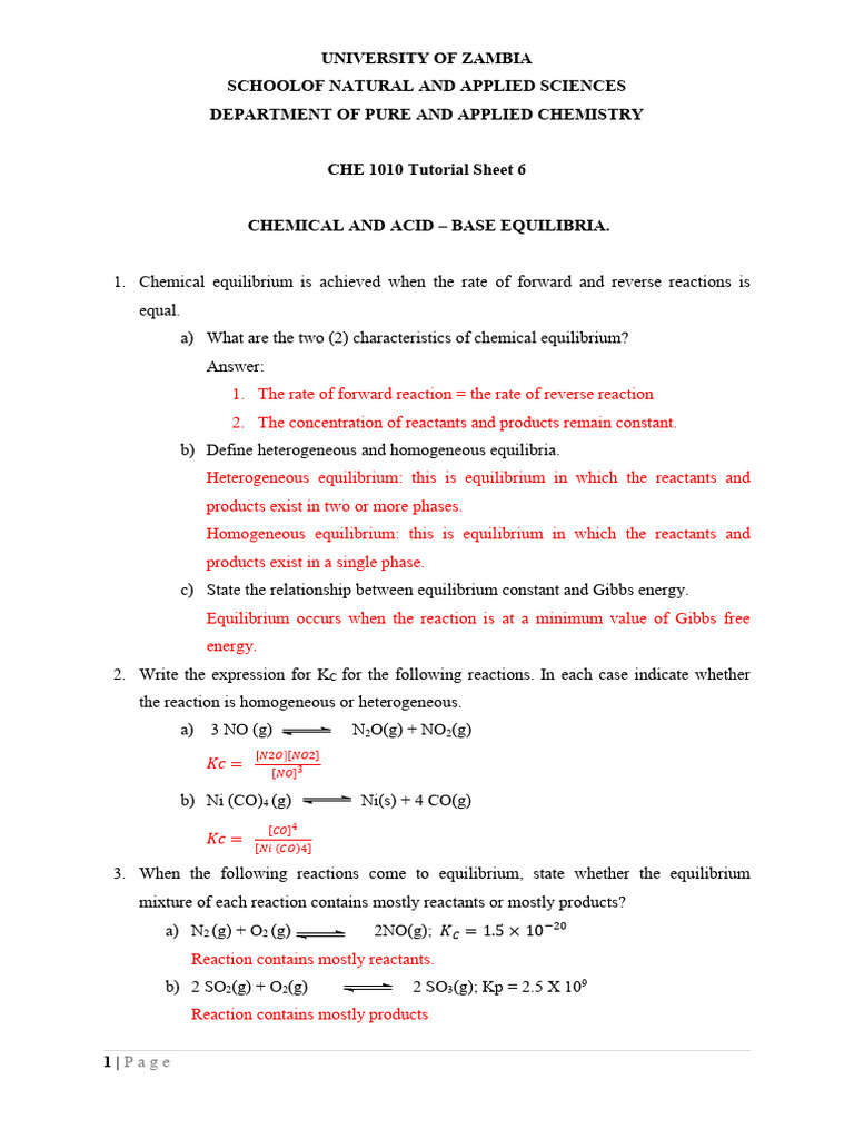 CHE 1010 Tutorial Sheet 6 - 2025 | PDF | Chemical Equilibrium ...