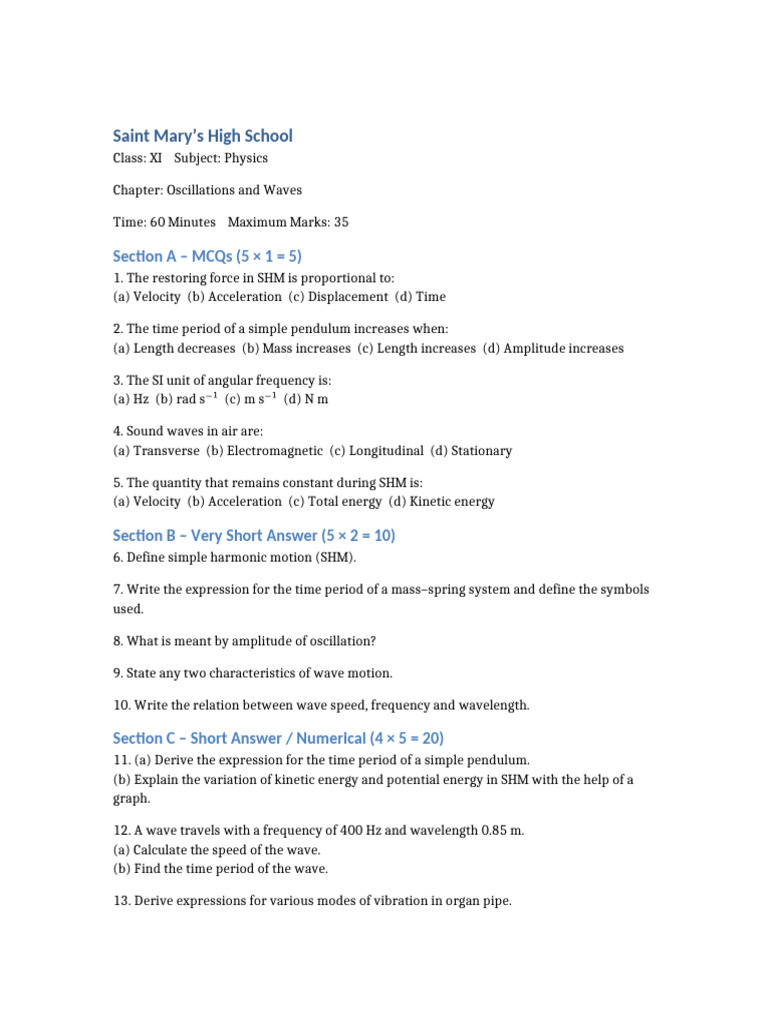 Class 11 Physics Oscillations Waves Question Paper 25 Marks | PDF