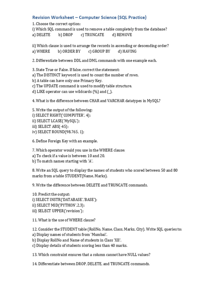 Revision Worksheet SQL-1 | PDF