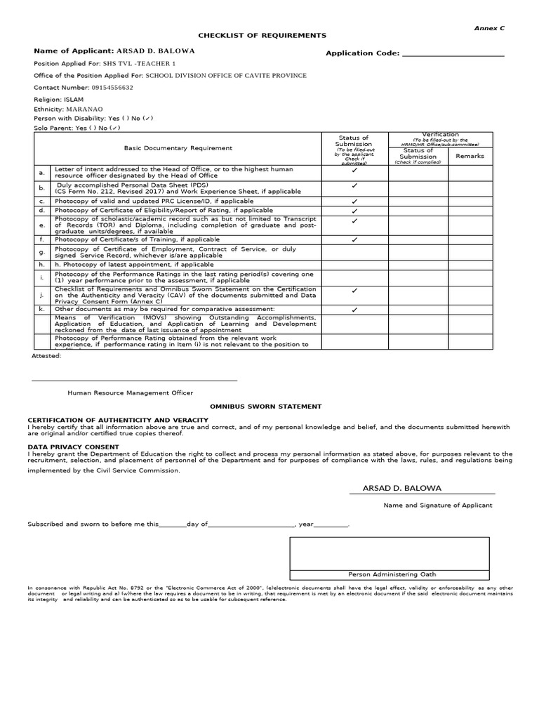 Arsad2 ANNEX C Checklist of Requirements and Omnibus Sworn Statement ...