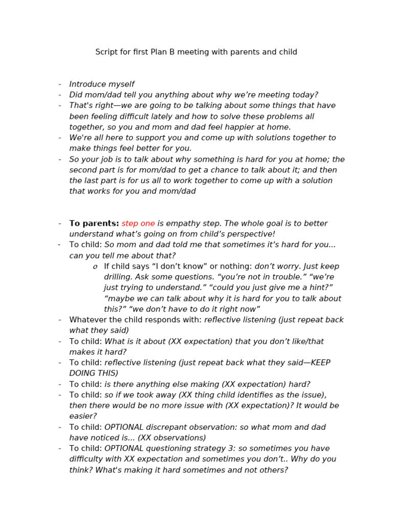 Script For Plan B Meeting With Parents and Child | PDF