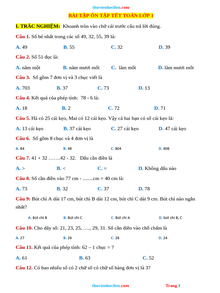 140 Bai Tap On Tap Tet Mon Toan Lop 1 | PDF