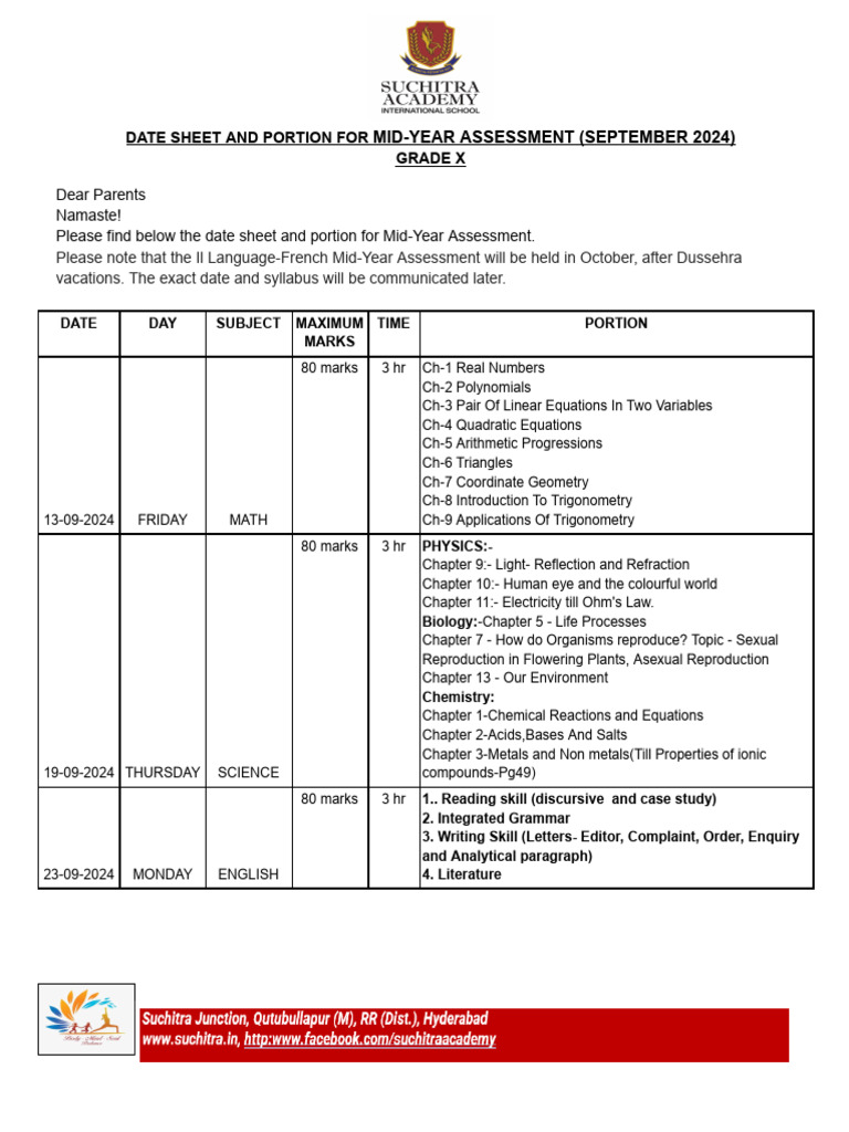 Grade X Mid-Year Assessment Portion Sheet | PDF | Equations