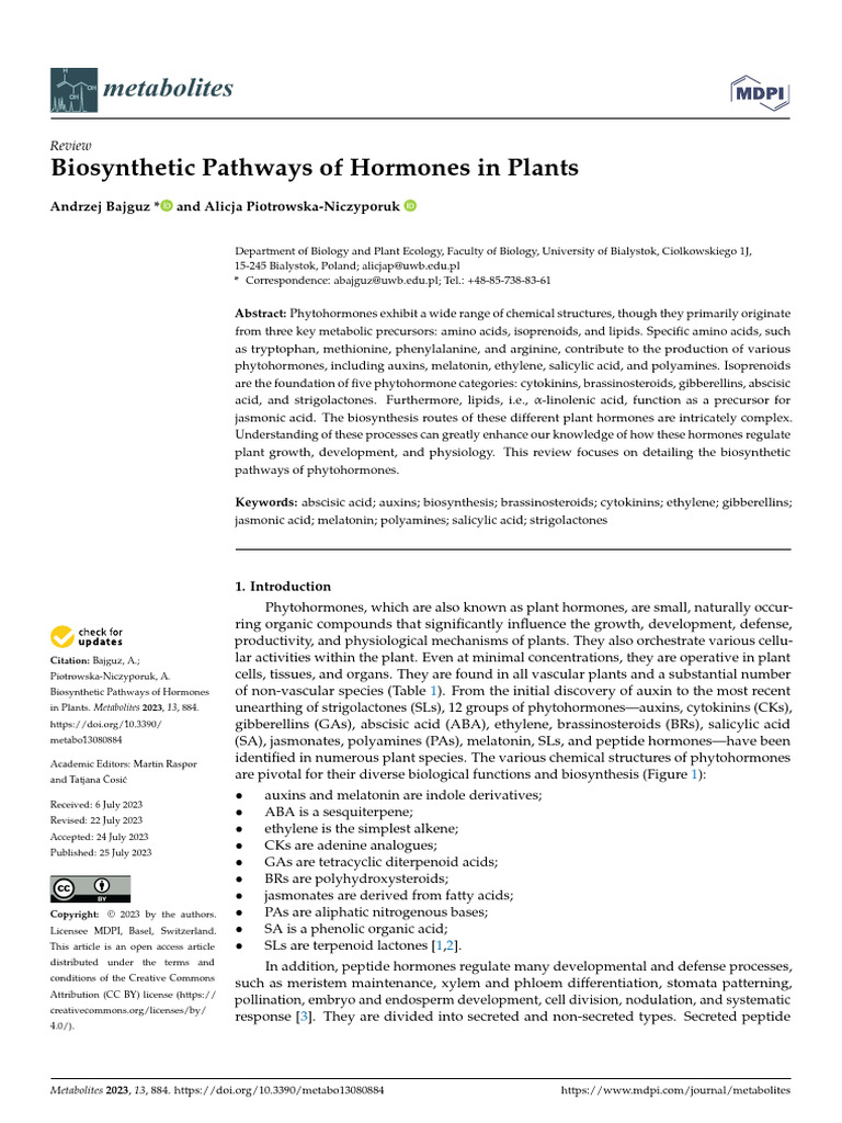 Metabolites 13 00884 | PDF | Plant Hormone | Biosynthesis