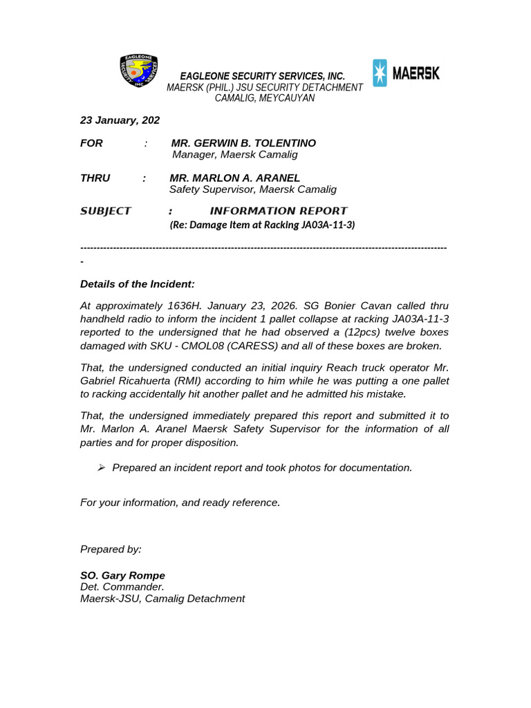 Damage at Racking SKU JA03A-11-3 | PDF