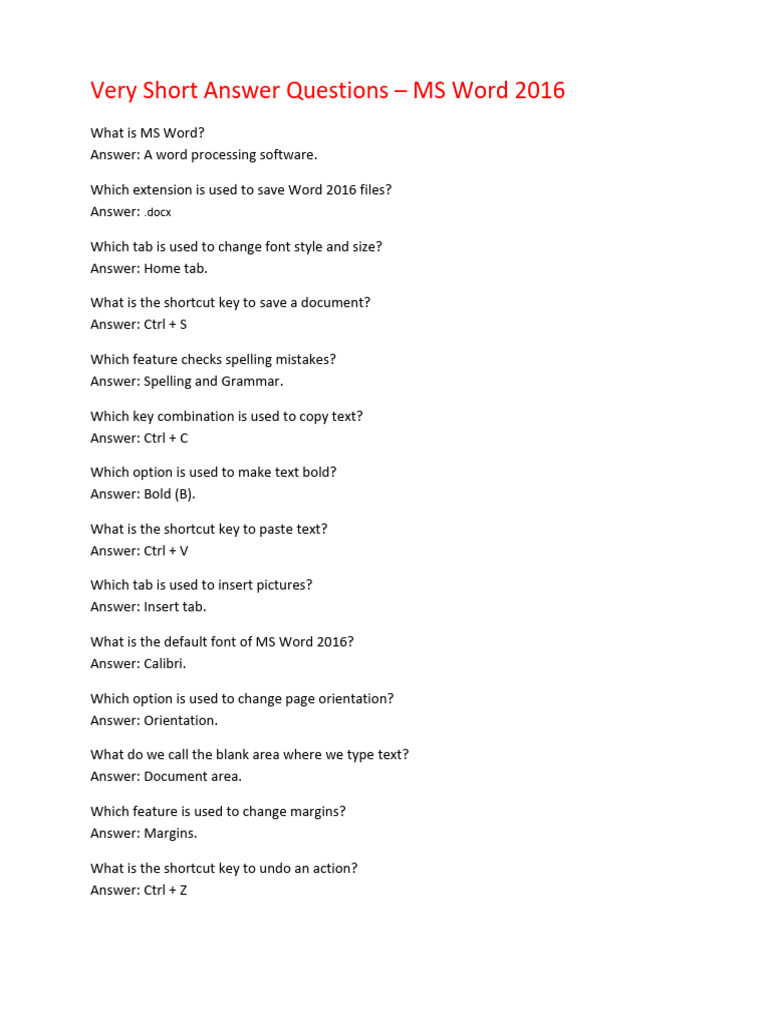 Very Short Answer Questions | PDF | Microsoft Word | Software