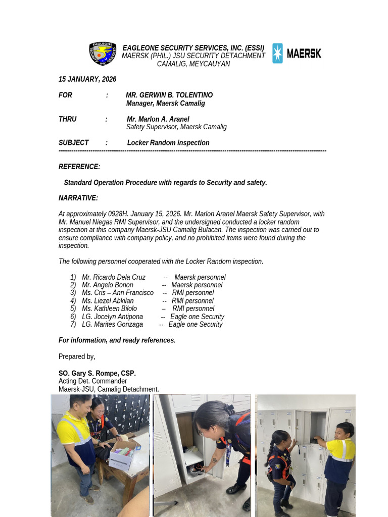 Locker Random Inspection, JAN 15, 2026 | PDF