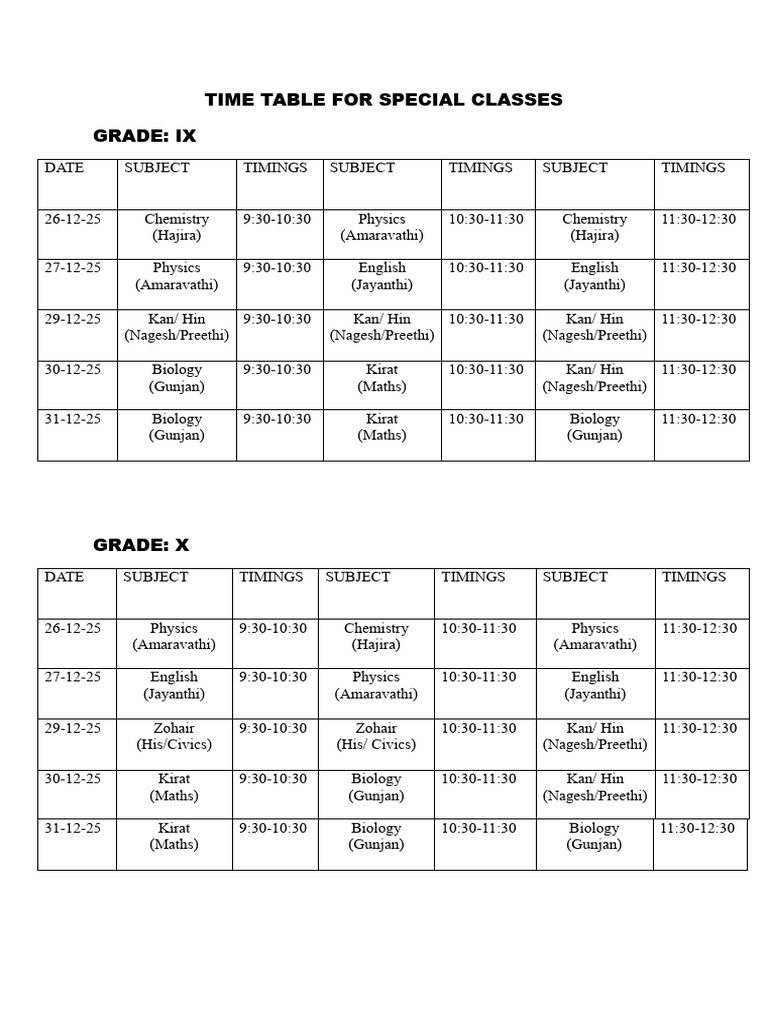 Time Table For Special Classes | PDF
