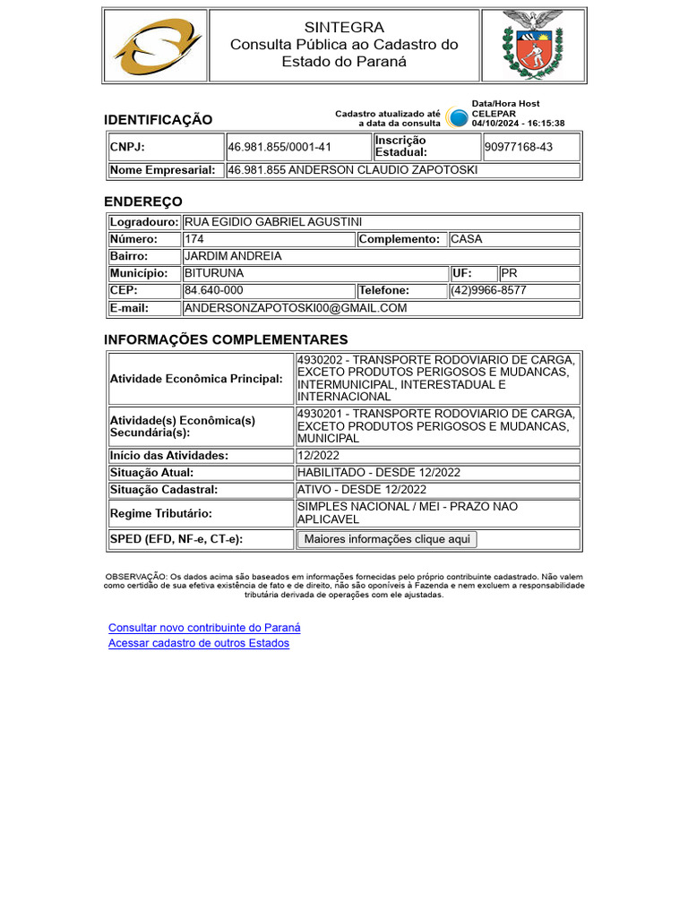 SINTEGRA - PR - Consulta Pública Ao Cadastro | PDF
