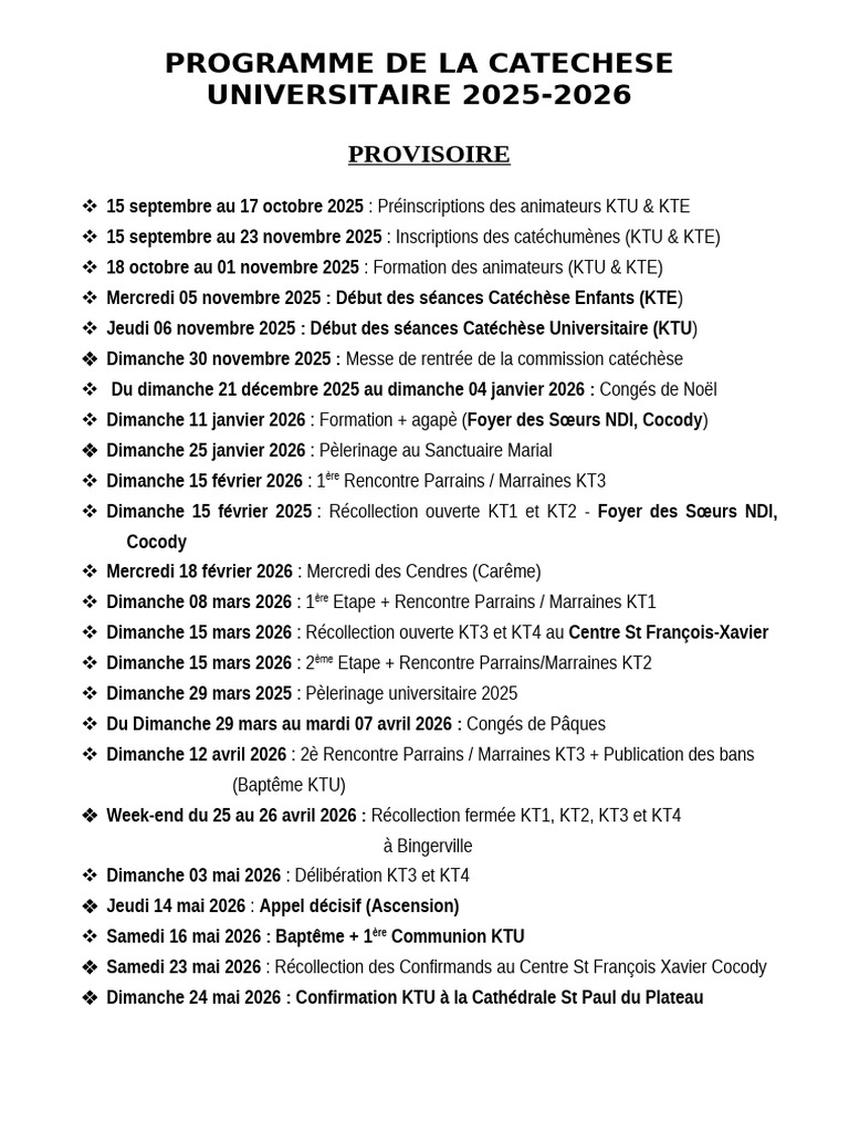 Programme General de La Catechese Universitaire 2025-2026 | PDF