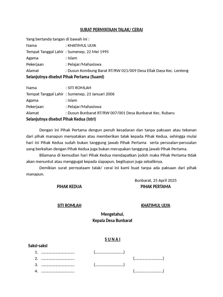 Surat Pernyataan Talak | PDF