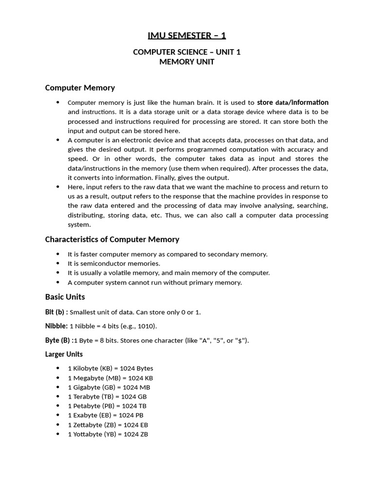 Computer Science - Sem 1 (Imu) | PDF | Random Access Memory | Computer ...
