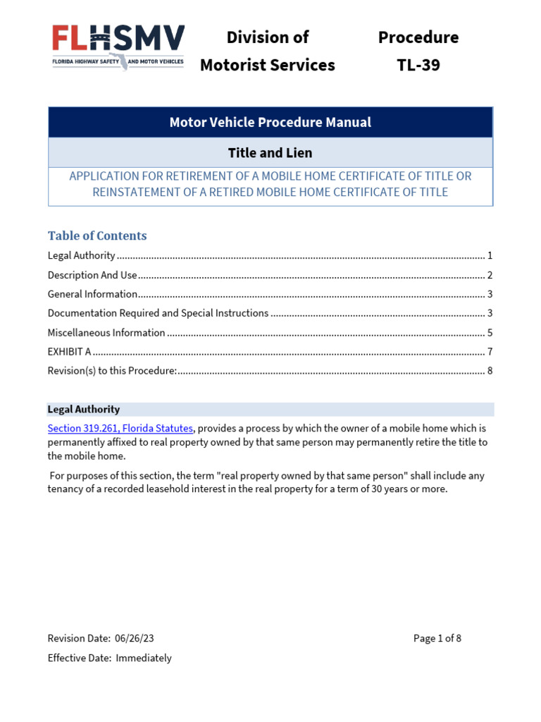 FL DMV Retire Mobile Home Instructions | PDF | Deed | Security Interest