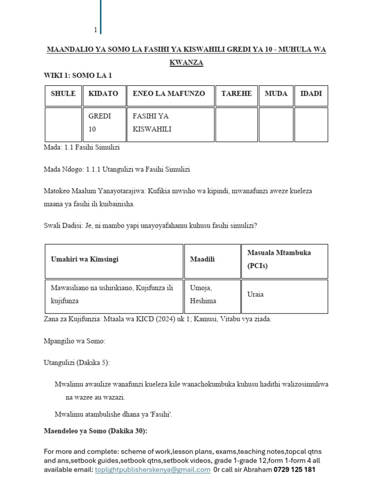 Grade 10 Fasihi Ya Kiswahili Lesson Plans Term 1 2026 | PDF