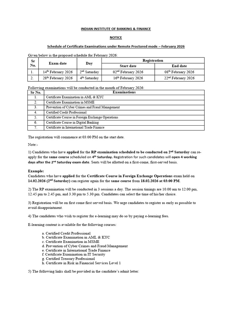 IIBF Remote Proctored Examination Schedule February 2026 | PDF
