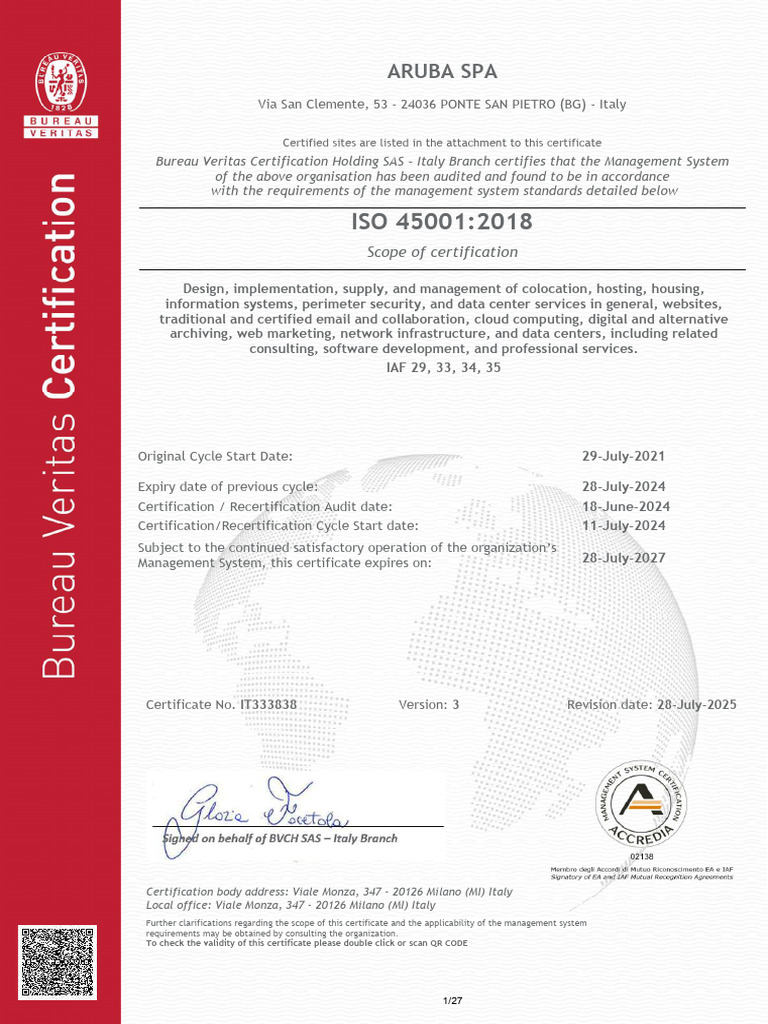 Certificate IT333838 Aruba SPA_ISO 45001_EN | PDF | Certification | Qr Code
