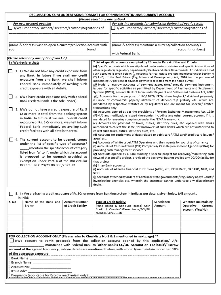 Format For Declarations For Current Account in Compliance of RBI ...