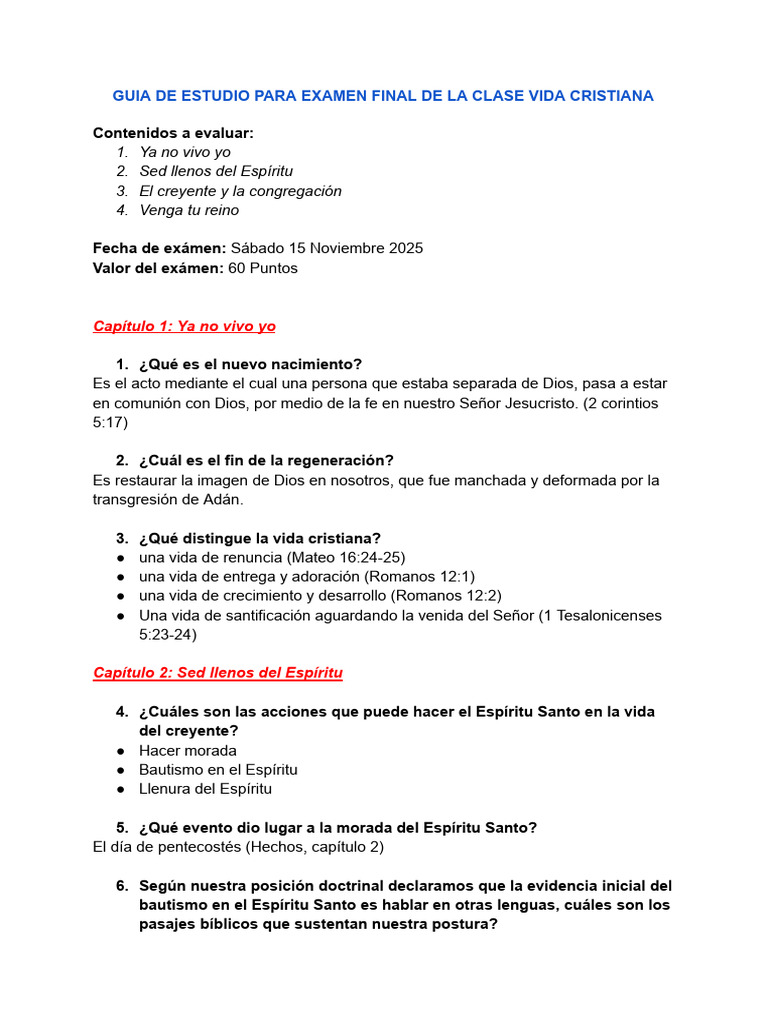 Guia de Estudio Para Examen Final de La Clase Vida Cristiana | PDF ...