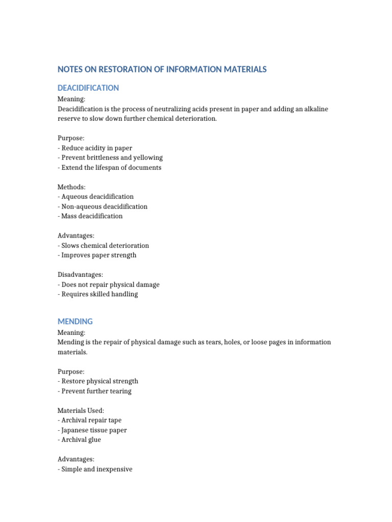 Restoration of Information Materials Notes | PDF
