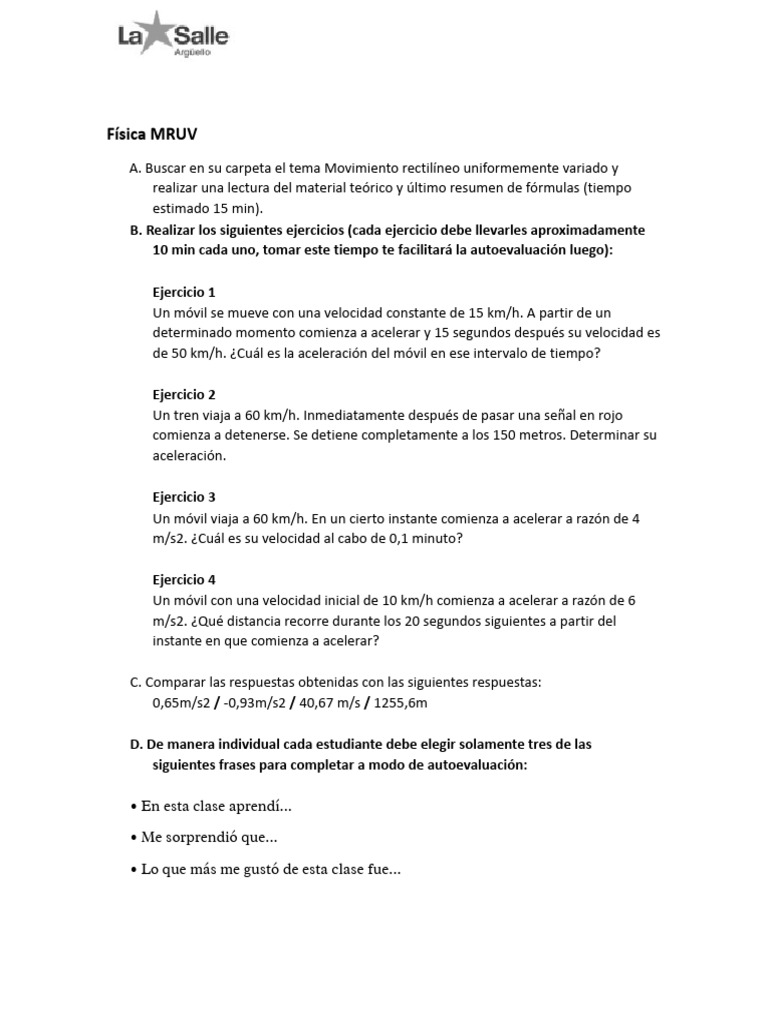 Clase n°3 Ejercicios M.R.U.V. | PDF