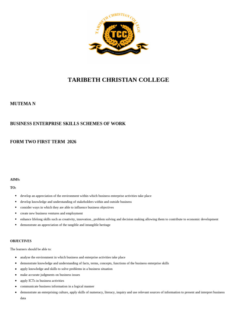 Bes Form 2 (Two) Term One 2026 Scheme | PDF | Educational Technology ...
