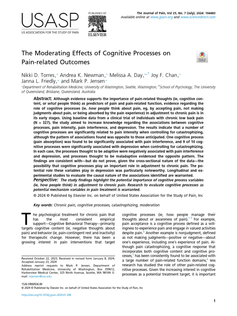 The Moderating Effects of Cognitive Processes on Pain Re 2024 the ...