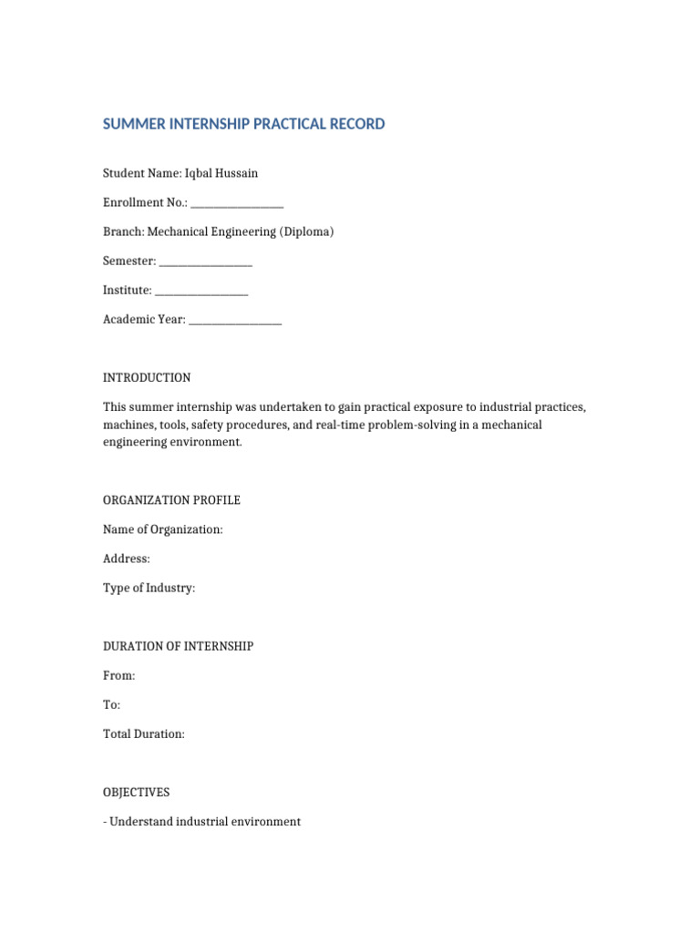 Summer Internship Practical Record Mechanical | PDF