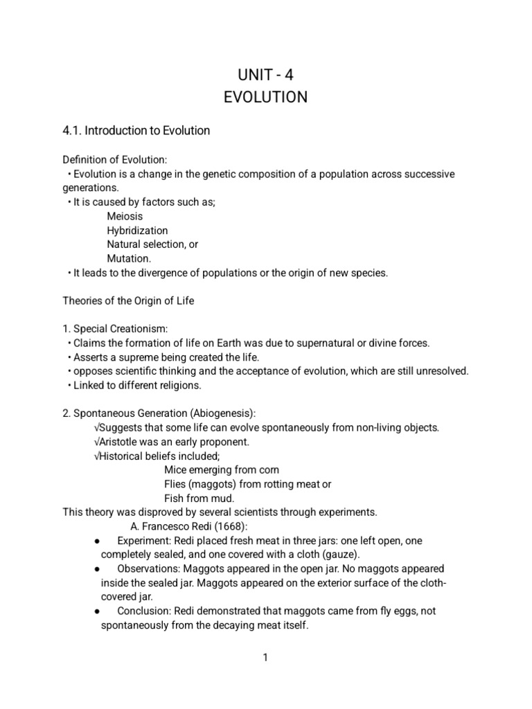 BIOLOGY Unit - 4 Evolution Note Part - 1 | PDF | Archaea | Bacteria