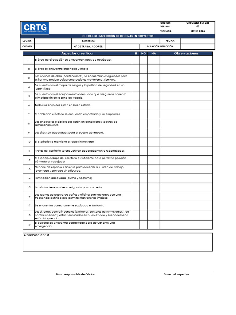 CHECKLIST-SST-026 (V05) - Check List de Oficinas en Proyectos | PDF
