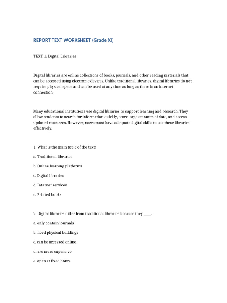 Report Text Worksheet Grade XI | PDF | Libraries | Digital Library