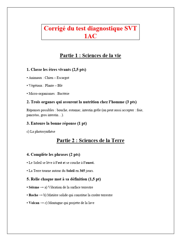 Corrige Test Diagnostique SVT 1AC | PDF