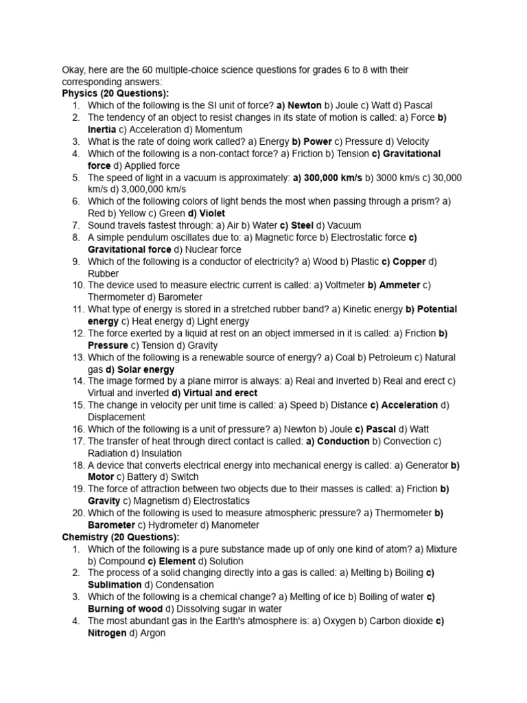 Science Quiz With Answers | PDF | Force | Chemical Substances