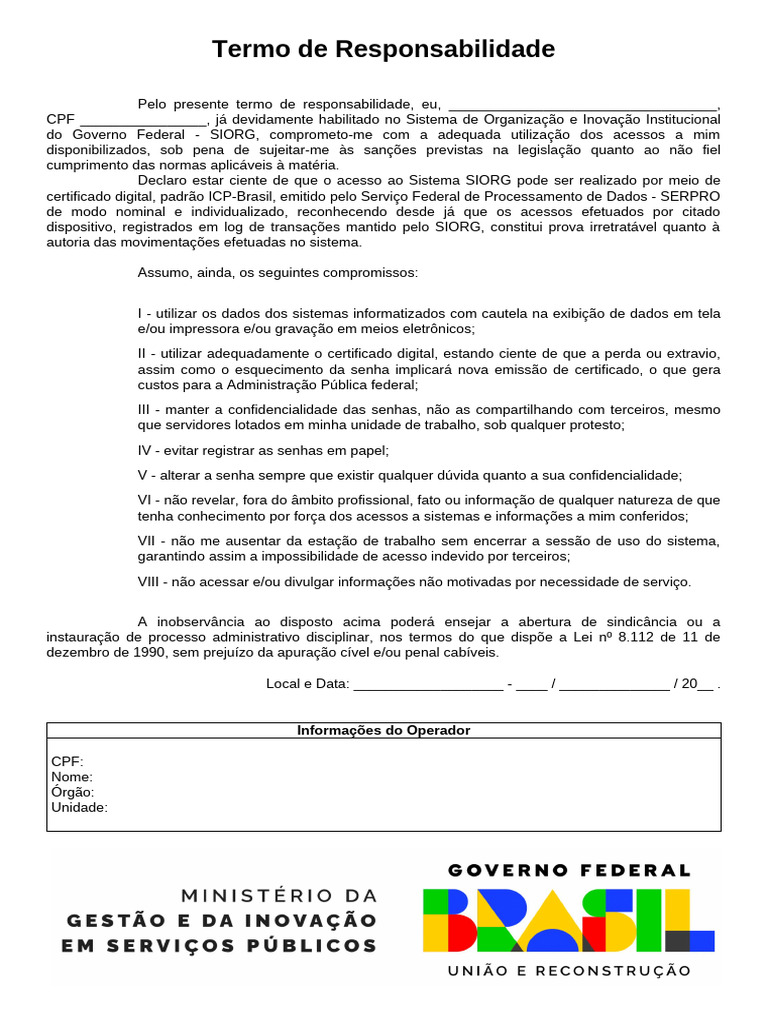 Termo de Responsabilidade Acesso Siorg | PDF