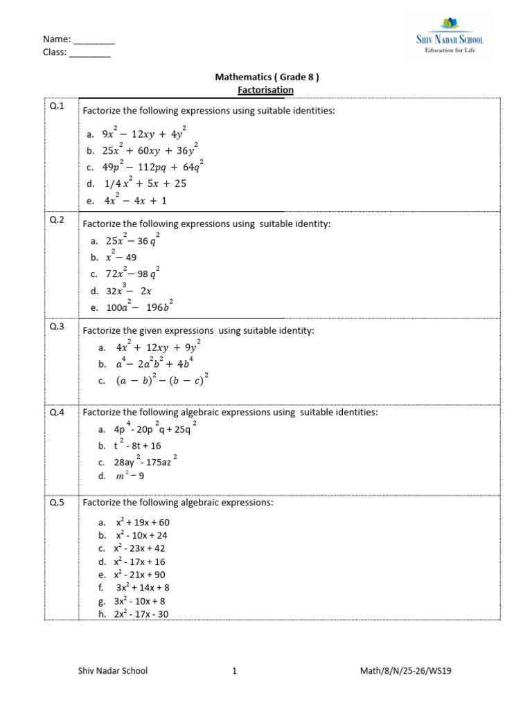 G8.WWS 19 - Factorisation .Docx | PDF | Mathematics | Algebra