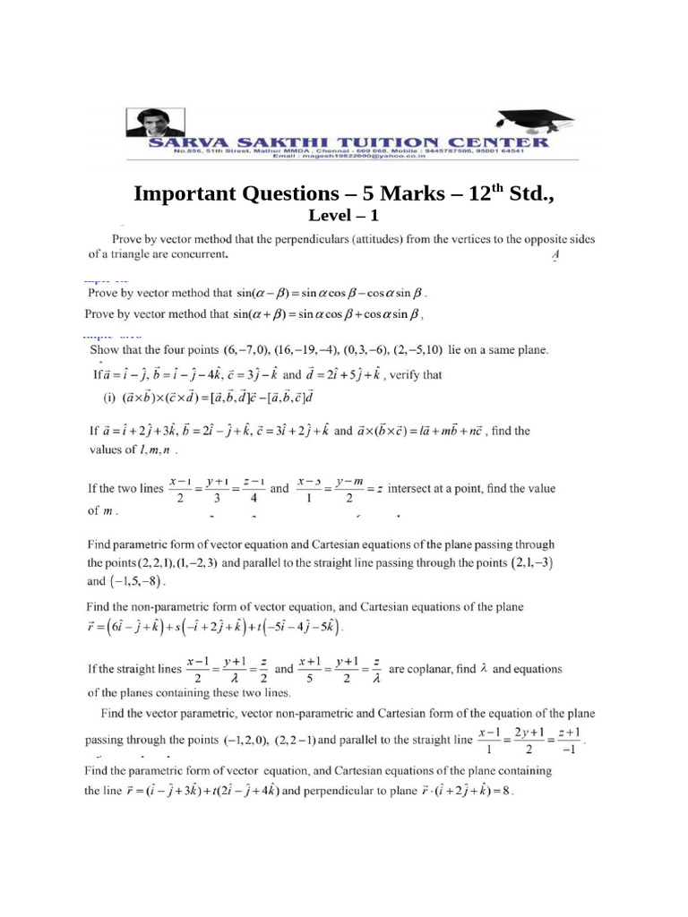 12th Important Question - Vector - Set 1 | PDF