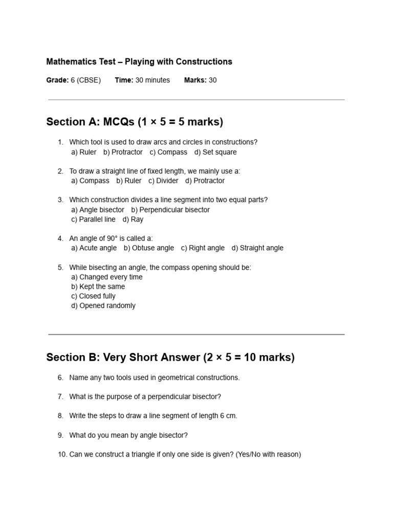 Mathematics Test - Playing With Constructions | PDF | Perpendicular | Angle
