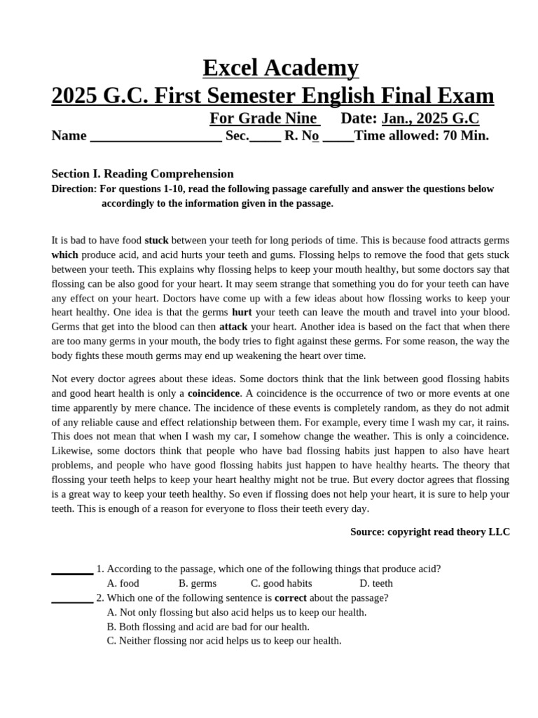2025 Sem.1 English Final Exam | PDF