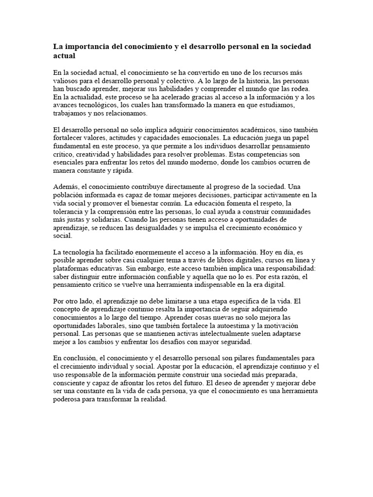 La Importancia Del Conocimiento y El Desarrollo Personal en La Sociedad ...