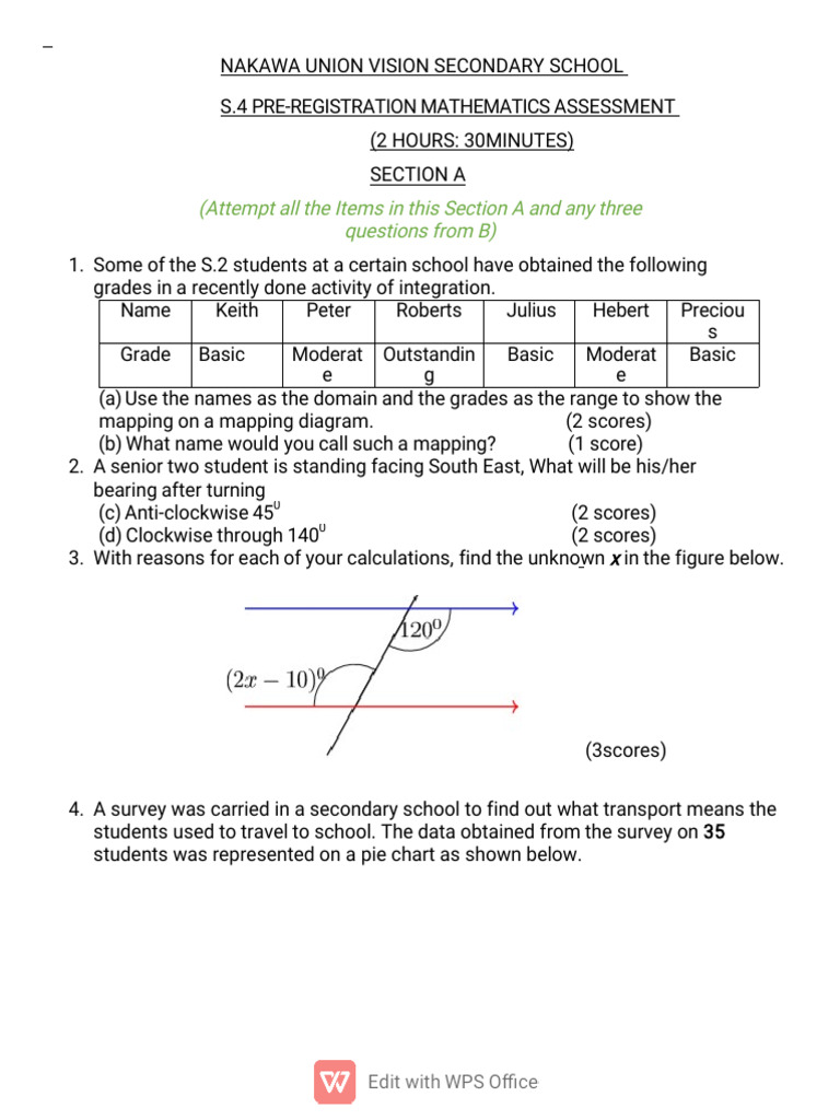 Wunna-s.4 Maths Pre-reg Assessment Exam 2-68615bdc6a2c37.43961032 | PDF