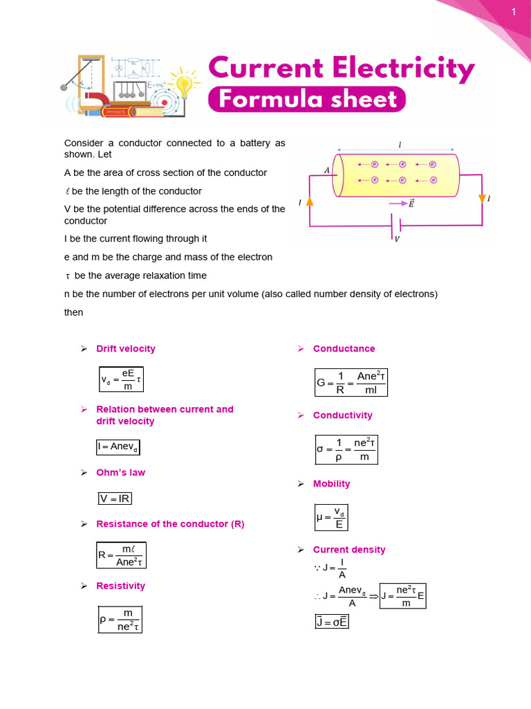 Current Electricity Formula Sheet | PDF | Electrical Resistivity And ...