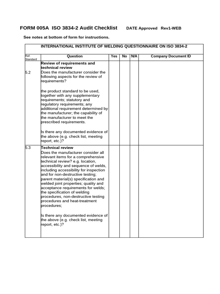 FORM 005A Rev1 ISO 3834 2 Audit Checklist | PDF | Specification ...