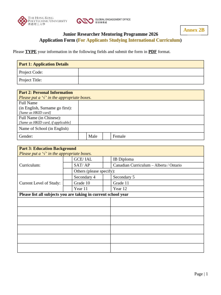 Annex 2B JRMP Application Form For Studying International Curriculum ...
