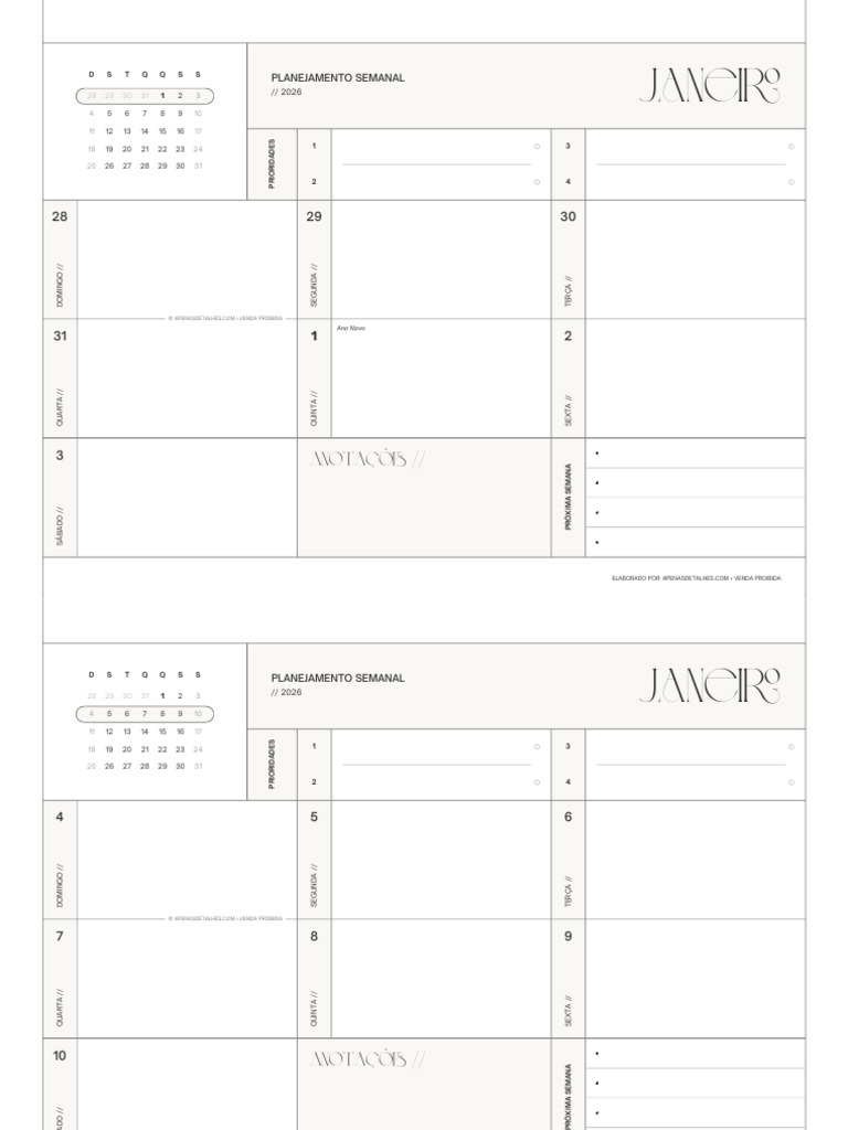 Planner Semanal 2026 Datado Apenas Detalhes | PDF