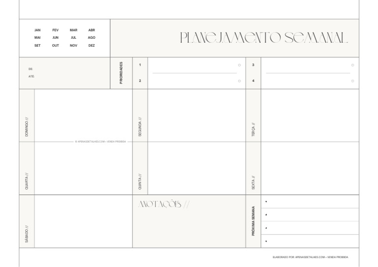 Planner Semanal 2026 Nao Datado Apenas Detalhes | PDF