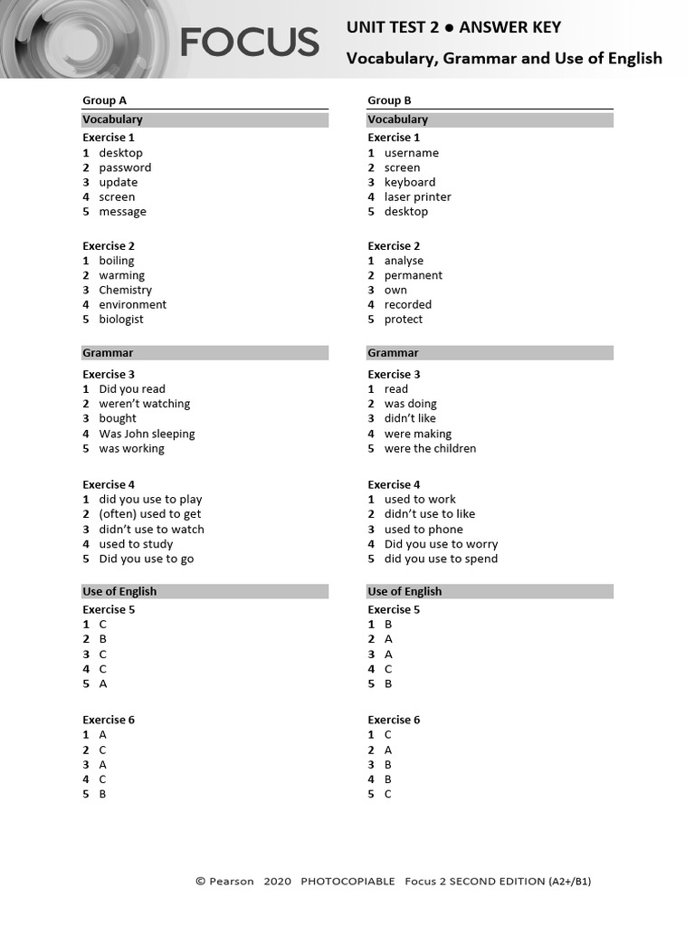 Focus2 2E Unit Test Vocabulary Grammar UoE Unit2 GroupA B ANSWERS | PDF